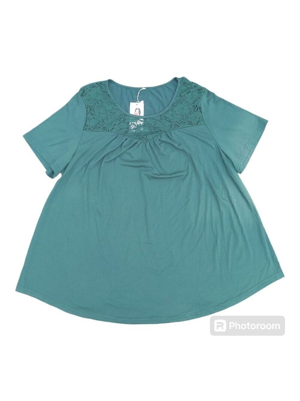 Vislily Green Short Sleeve Peasant Top with Lace Accent, Round Neckline Size 20W